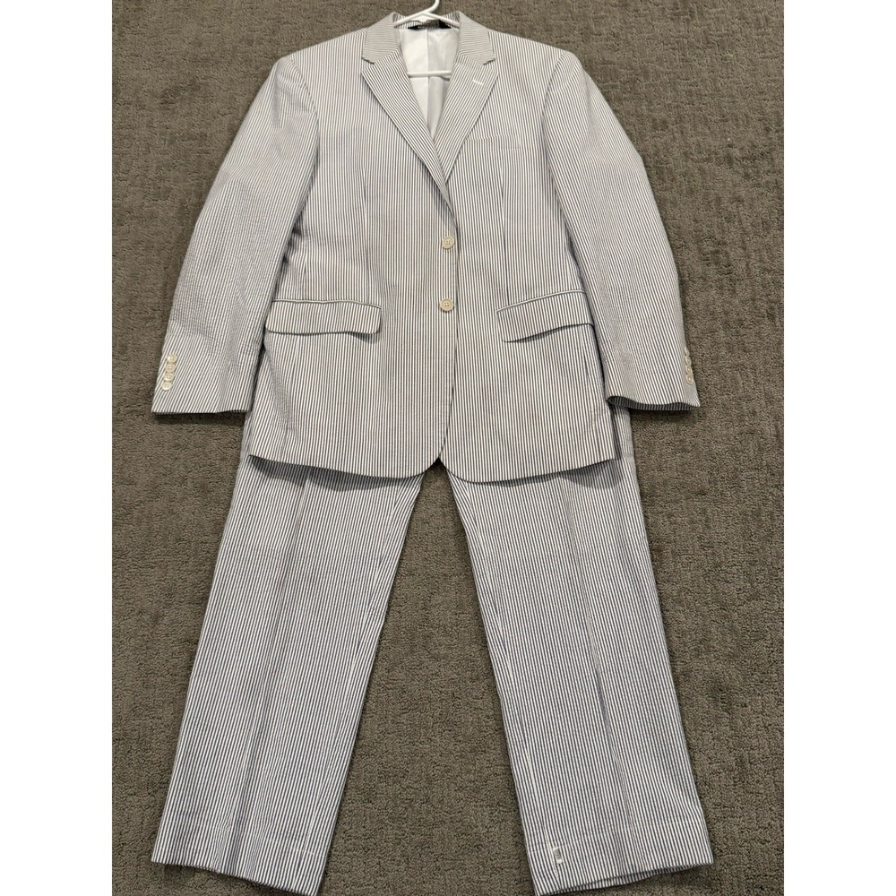 Jos. A. Bank 2PC Cotton Seersucker Blue/White Stripe Suit Classic 41R Pnts 36/30